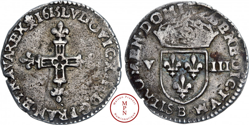 Louis XIII (1610-1643), 1/8 écu à la croix fleurdelisée, 1615, B, Rouen, Av. + L...