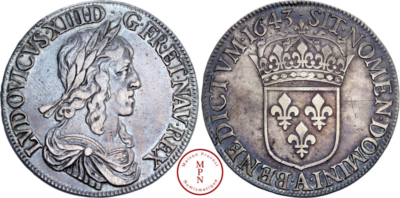 Louis XIII (1610-1643), Écu d'argent, deuxième poinçon de Warin, 1643, A, Paris,...