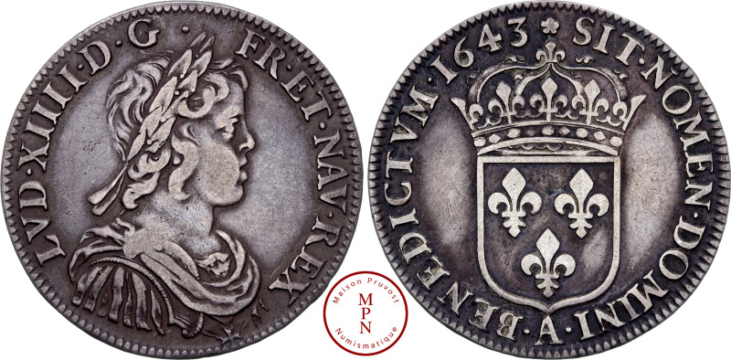 Louis XIV (1643-1715), Demi-écu à la mèche courte, 1643, A, Paris, Rose, Av. LVD...