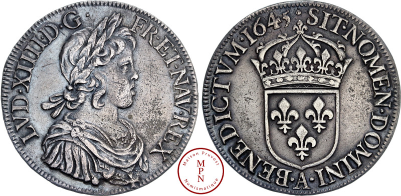 Louis XIV (1643-1715), Écu à la mèche courte, 1645, A, Paris, Av. LVD. XIIII. D....