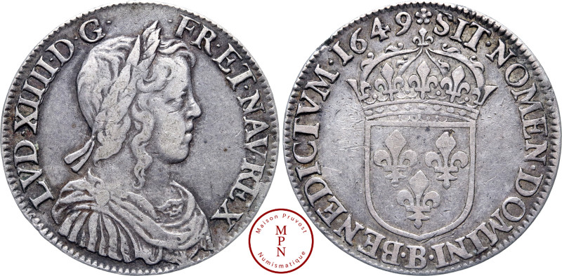 Louis XIV (1643-1715), Demi-écu à la mèche longue, 1649, B, Rouen, Av. LVD. XIII...