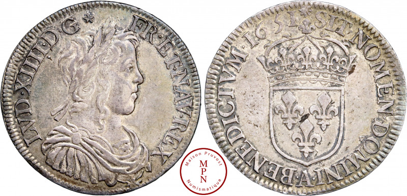 Louis XIV (1643-1715), Demi-écu à la mèche longue, 1651, A, Paris, Av. LVD. XIII...