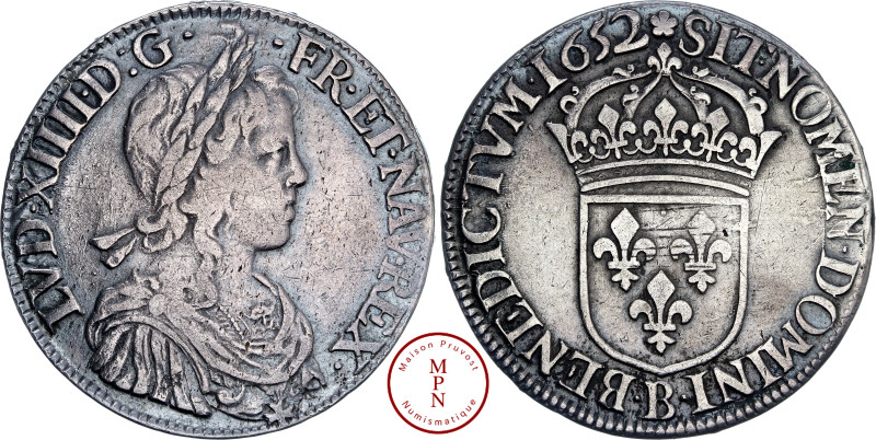 Louis XIV (1643-1715), Écu à la mèche longue, 1652, B, Rouen, Av. LVD. XIIII. D ...