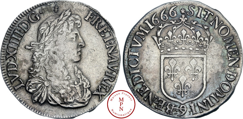 Louis XIV (1643-1715), Écu au buste juvénile 2e poinçon, 1666, 9, Rennes, Av. LV...