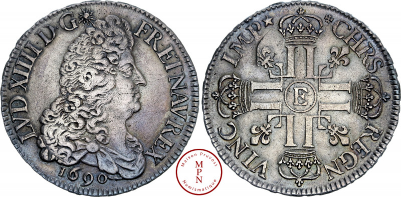 Louis XIV (1643-1715), Écu aux 8L, 1690, E, Tours, Réformé, Av. LVD. XIIII. D. ....