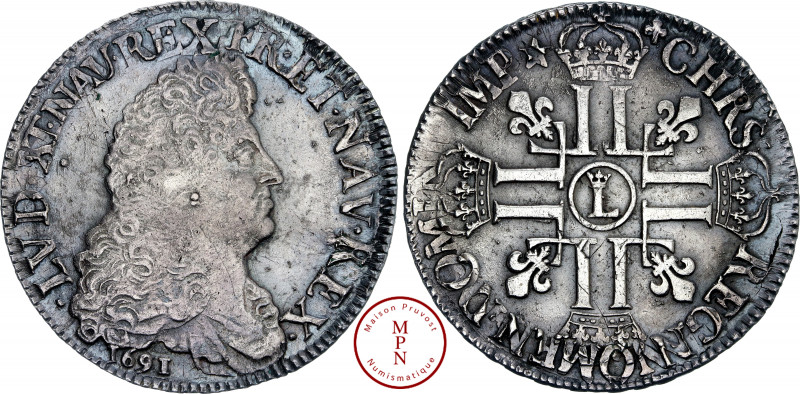 Louis XIV (1643-1715), Écu aux 8L, 1691, L couronné, Lille, Flan réformé, Av. LV...