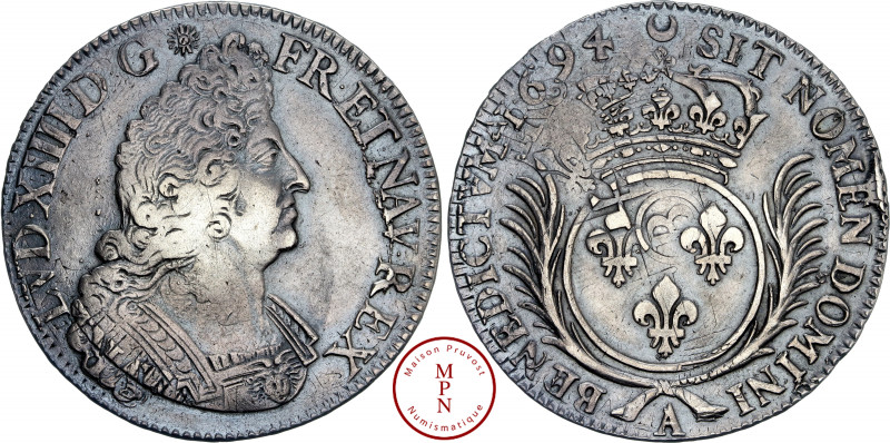 Louis XIV (1643-1715), Écu aux palmes, 1694, A, Paris, Flan réformé, Av. LVD. XI...