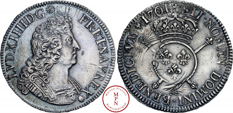 Louis XIV (1643-1715), Écu aux insignes, 1701, A, Paris, Flan réformé, Av. LVD. ...