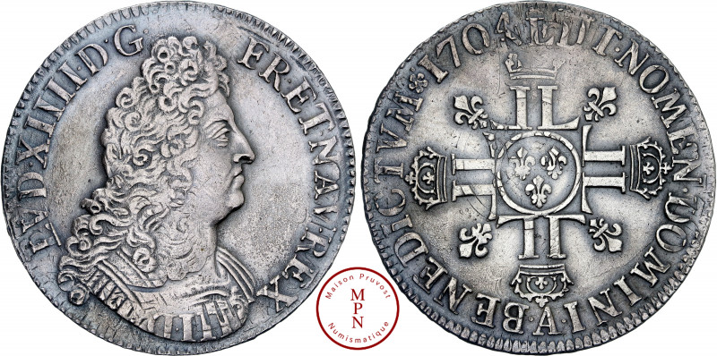 Louis XIV (1643-1715), Écu aux 8L 2e type, 1704, A, Paris, Flan réformé, Av. LVD...