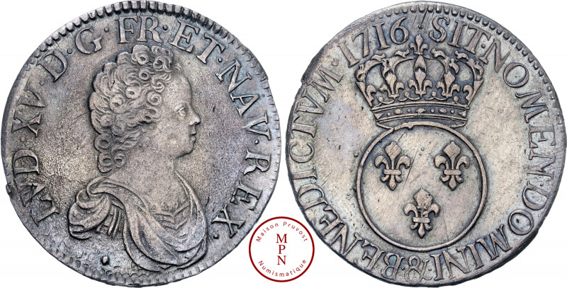 Louis XV (1715-1774), Écu Vertugadin, 1716, &, Aix, Flan neuf, Rareté R4, Av. LV...