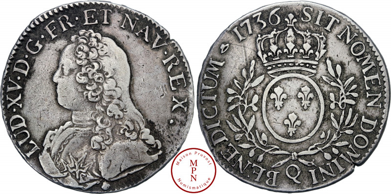 Louis XV (1715-1774), Écu aux branches d'olivier, 1736, Q, Perpignan, Av. LUD. X...