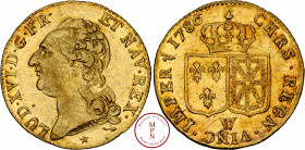 Louis XVI (1774-1792), Louis d'or à la tête nue, 1786, W, Lille, 2e semestre, Av. LUD. XVI. D. G. FR. ET NAV. REX., Tête du Roi à gauche, Rv. CHRS. RE...