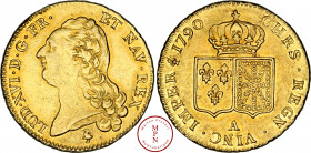Louis XVI (1774-1792), Double Louis d'or à la tête nue, 1790, A, Paris, 1er semestre, Av. LUD. XVI. D. G FR ET NAV. REX, Tête du Roi à gauche, Rv. CHR...