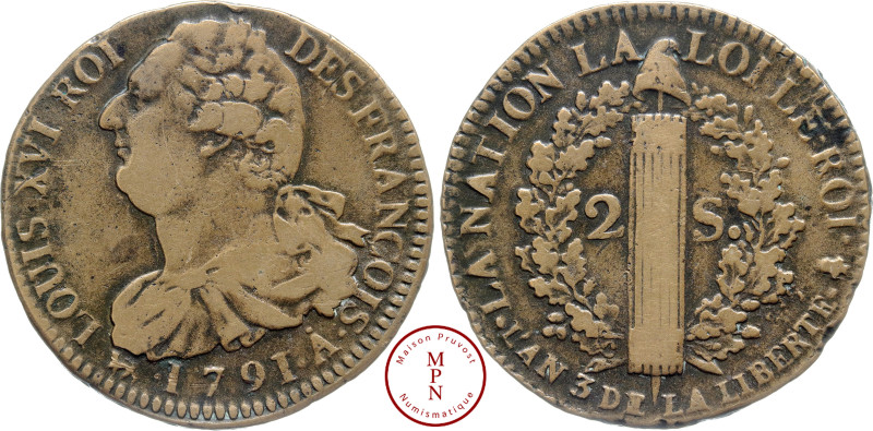 Louis XVI (1774-1792), 2 Sols François, 1791, An 3, A pointé, Paris, Couvent des...