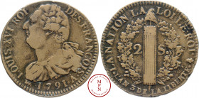 Louis XVI (1774-1792), 2 Sols François, 1791, An 3, A pointé, Paris, Couvent des Barnabites, Av. LOUIS XVI ROI DES FRANCOIS, Buste à gauche, Rv. LA NA...