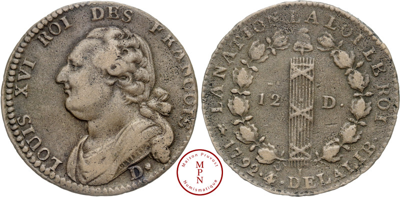 Louis XVI (1774-1792), 12 deniers, François, 1792/1, An 4/3, D*, Lyon, Av. LOUIS...