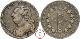 Louis XVI (1774-1792), 12 deniers, François, 1792/1, An 4/3, D*, Lyon, Av. LOUIS XVI ROI DES FRANCOIS, Buste à gauche, Rv. LA NATION LA LOI LE ROI 179...