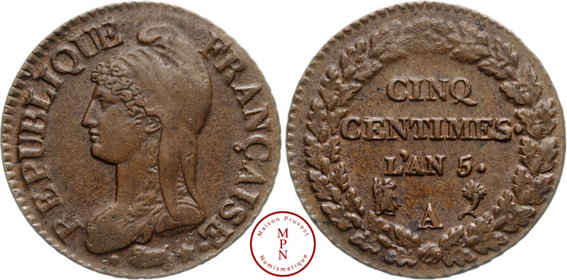 Directoire (1795-1799), 5 Centimes Dupré, Grand Module, AN 5, A, Paris, Av. REPU...
