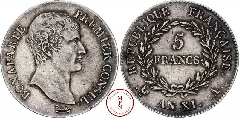Consulat (1799-1804), 5 Francs, Bonaparte, AN XI, A, Paris, Av. BONAPARTE PREMIE...