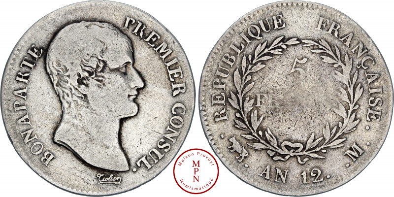 Napoléon Ier (1804-1815), 5 Francs, Bonaparte, AN 12, M, Toulouse, Av. BONAPARTE...