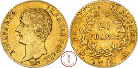 Napoléon Ier (1804-1815), 20 Francs, Bonaparte Premier Consul, AN 12, A, Paris, Av. NAPOLEON PREMIER CONSUL, Tête nue à gauche, Rv. REPUBLIQUE FRANCAI...