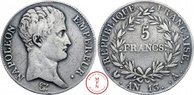 Napoléon Ier (1804-1815), 5 Francs, Empereur, AN 13, A, Paris, Av. NAPOLEON EMPEREUR, Tête nue à droite, Rv. REPUBLIQUE FRANCAISE / 5 FRANCS dans une ...