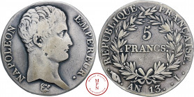 Napoléon Ier (1804-1815), 5 Francs, Empereur, AN 13, I, Limoges, Av. NAPOLEON EMPEREUR., Tête nue à droite, Rv. REPUBLIQUE FRANCAISE / 5 FRANCS dans u...