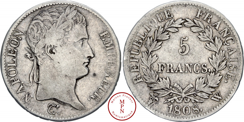 Napoléon Ier (1804-1815), 5 Francs, Tête nue, Avec virole, 1808, W, Lille, Av. N...