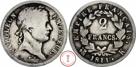 Napoléon Ier (1804-1815), 2 Francs, Tête laurée, Empire Français, 1811, K, Bordeaux, Av. NAPOLEON EMPEREUR, Tête laurée à droite, Rv. REPUBLIQUE FRANC...