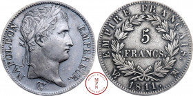 Napoléon Ier (1804-1815), 5 Francs, 1811, MA, Marseille, Av. NAPOLEON EMPEREUR, Tête laurée à droite, Rv. EMPIRE FRANCAIS / 5 FRANCS dans une couronne...