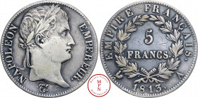 Napoléon Ier (1804-1815), 5 Francs, 1813, A, Paris, Av. NAPOLEON EMPEREUR, Tête laurée à droite, Rv. EMPIRE FRANCAIS / 5 FRANCS dans une couronne, 9.7...
