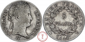 Napoléon Ier (1804-1815), 5 francs, Tête laurée, 1814, Q, Perpignan, Av. NAPOLEON EMPEREUR, Tête laurée à droite, Rv. EMPIRE FRANCAIS / 5 FRANCS / 181...