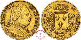 Louis XVIII (1815-1821), 20 Francs, Buste habillé, 1814, K, Bordeaux, Grand 4, Av. LOUIS XVIII ROI DE FRANCE, Buste habillé à droite, Rv. PIECE DE 20 ...