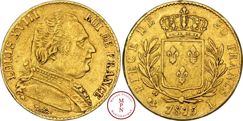 Louis XVIII (1815-1821), 20 Francs, Buste habillé, 1815, L, Bayonne, Av. LOUIS X...
