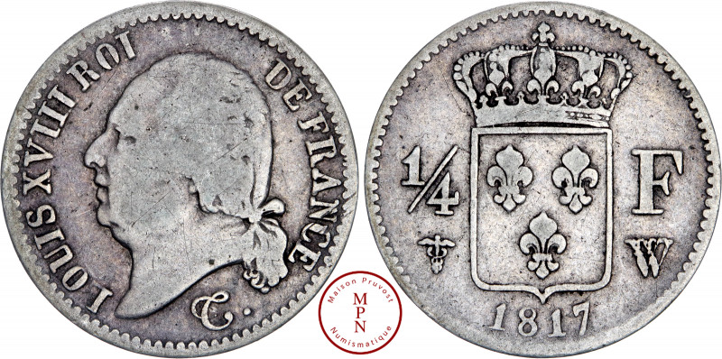 Louis XVIII (1815-1821), ¼ de Franc, 1817, W, Lille, Av. LOUIS XVIII ROI DE FRAN...