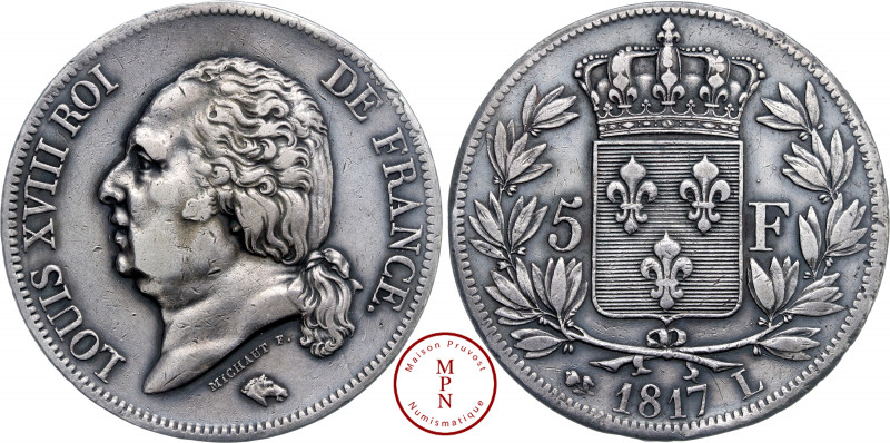 Louis XVIII (1815-1821), 5 Francs, Tête nue, 1817, L, Bayonne, Av. LOUIS XVIII R...