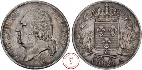 Louis XVIII (1815-1821), 5 Francs, Tête nue, 1821, A, Paris, Av. LOUIS XVIII ROI DE FRANCE, Tête nue à gauche, Rv. Écu de France couronné dans une cou...