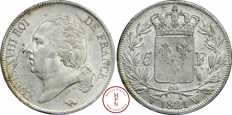 Louis XVIII (1815-1821), 5 Francs, Tête nue, 1821, W, Lille, Av. LOUIS XVIII ROI...