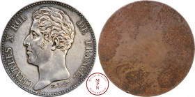 Charles X (1824-1830), Essai de concours par Tiolier, 5 Francs, Av. CHARLES X ROI DE FRANCE, Tête nue à gauche, Rv. Uniface, Bronze argenté (argenture...