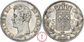 Charles X (1824-1830), 5 Francs, 1826, A, Paris, Av. CHARLES X ROI DE FRANCE, Tête nue à gauche, Rv. Écu de France couronné dans une couronne, 7.168.8...