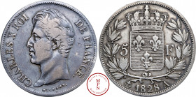 Charles X (1824-1830), 5 Francs, 1828, A, Paris, Av. CHARLES X ROI DE FRANCE, Tête nue à gauche, Rv. Écu de France couronné dans une couronne, 8.800.3...