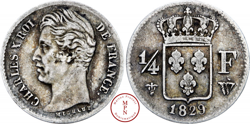 Charles X (1824-1830), ¼ de Franc, 1829, W, Lille, Av. CHARLES X ROI DE FRANCE.,...