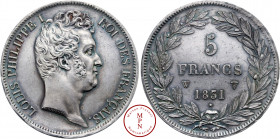 Louis-Philippe (1830-1848), 5 Francs, Avec le I, Tranche en creux, 1831, W, Lille, Av. LOUIS PHILIPPE I ROI DES FRANCAIS, Tête nue à droite, Rv. 5 FRA...