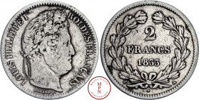 Louis-Philippe (1830-1848), 2 Francs, 1833, A, Paris, Av. LOUIS PHILIPPE I ROI DES FRANCAIS, Tête laurée à droite, Rv. 2 FRANCS 1833, Dans une couronn...