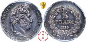 Louis-Philippe (1830-1848), ¼ de Franc, 1835, A, Paris, Av. LOUIS PHILIPPE ROI DES FRANCAIS, Tête laurée à droite, Rv. ¼ FRANC 1835, Dans une couronne...