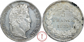 Louis-Philippe (1830-1848), 5 Francs, 1835, A, Paris, Av. LOUIS PHILIPPE I ROI DES FRANCAIS, Tête laurée à droite, Rv. 5 FRANCS 1835, 5.805.839 ex., A...