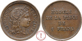Deuxième République (1848-1852), 1 Franc, 1848, essai de concours par Barre, Av. RÉPUBLIQUE FRANÇAISE, Tête laurée de la République à droite, Rv. MODU...