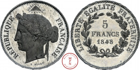 Deuxième République (1848-1852), 5 Francs, 1848, essai de concours par Rogat, Av. REPUBLIQUE FRANCAISE, Tête laurée à gauche de la République sous un ...