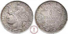 Deuxième République (1848-1852), 5 Francs, Cérès, 1851, A, Paris, Av. REPUBLIQUE FRANCAISE, Tête laurée de Cérès à gauche avec au-dessus une étoile, R...