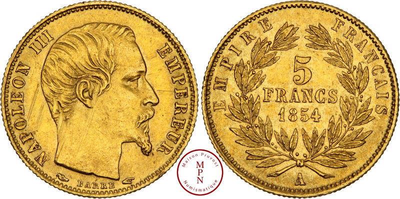 Napoléon III (1852-1870), 5 Francs, Tête nue, Petit module, Tranche cannelée, 18...